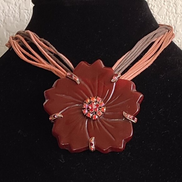 Vintage Jewelry - Red Flower Necklace Bohemian Boho Academia Statement Base of the Neck Vintage